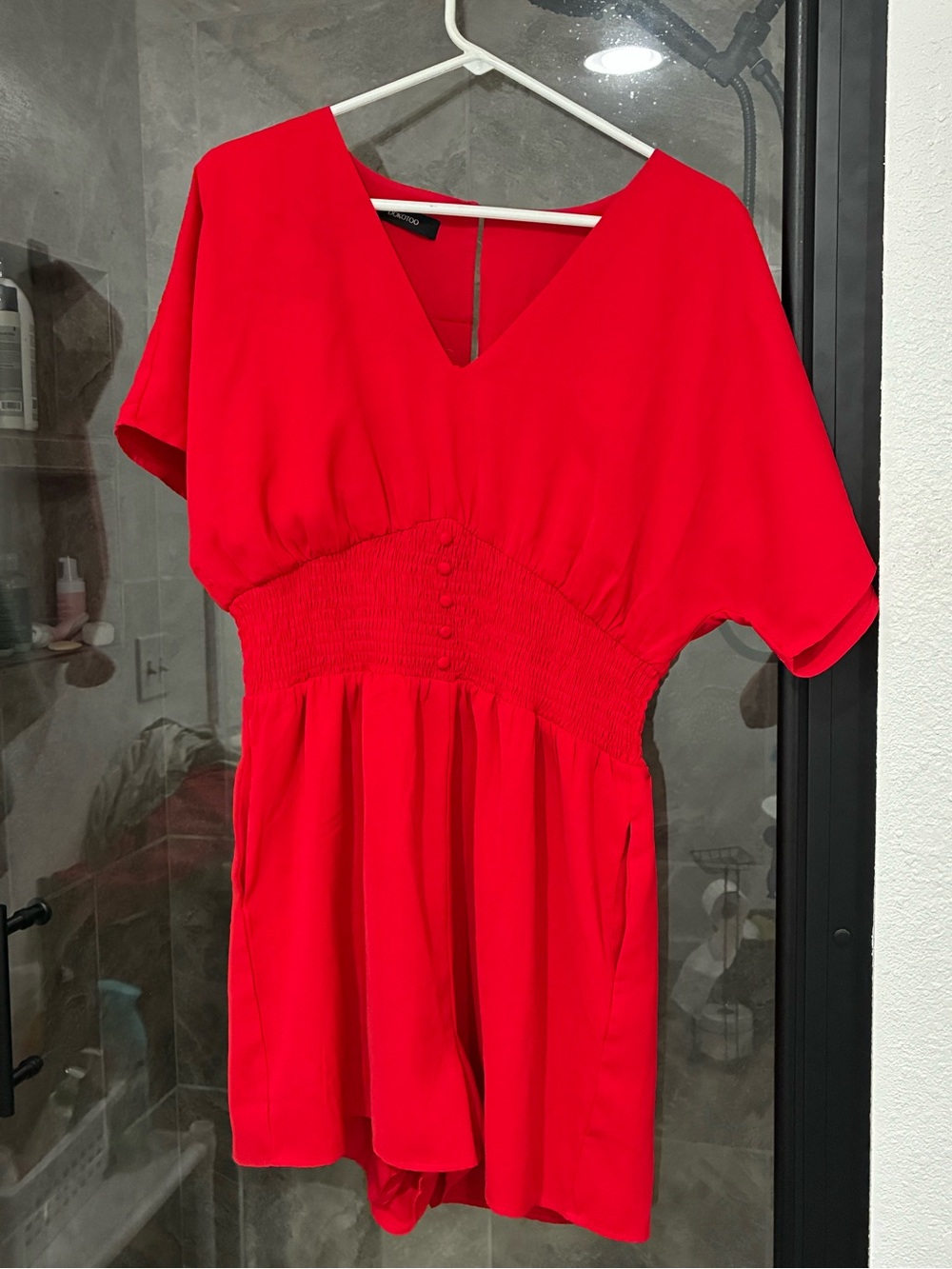 Women's Red V-Neck Smocked Waist Dress